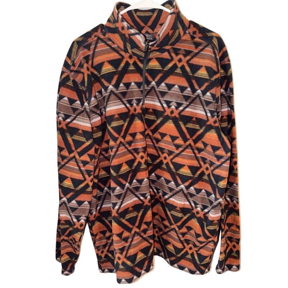 Eddie Bauer Mens XL Quarter Zip Fleece Pullover Geometric Southwestern Orange